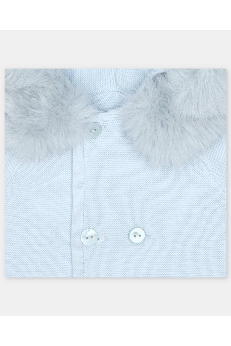 Close-up of a light blue knit garment with a fluffy pale gray collar and two white buttons.