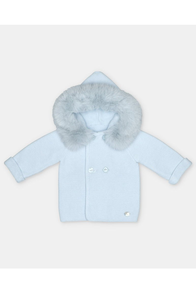 Martin Aranda baby pink knitted baby coat with faux fur hood made in Spain AW26