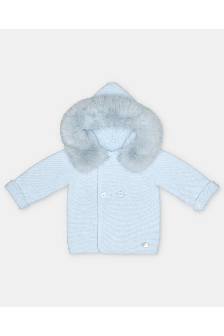Martin Aranda baby pink knitted baby coat with faux fur hood made in Spain AW26