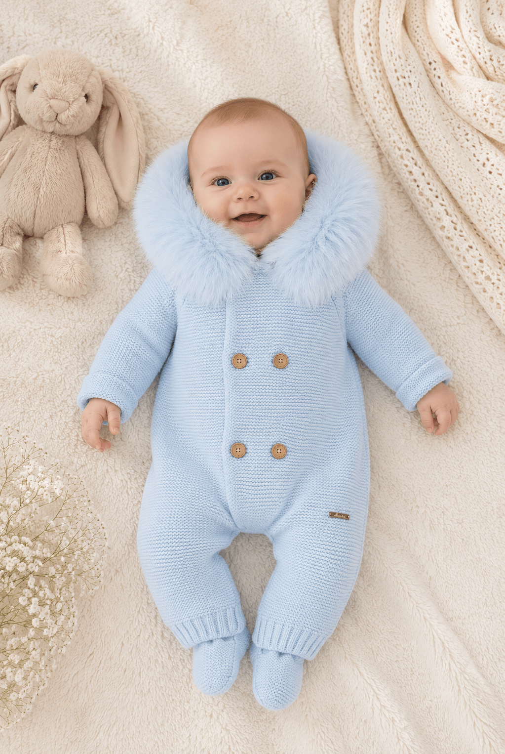 Martin Aranda baby blue knitted baby pramsuit with faux fur hood made in Spain AW26
