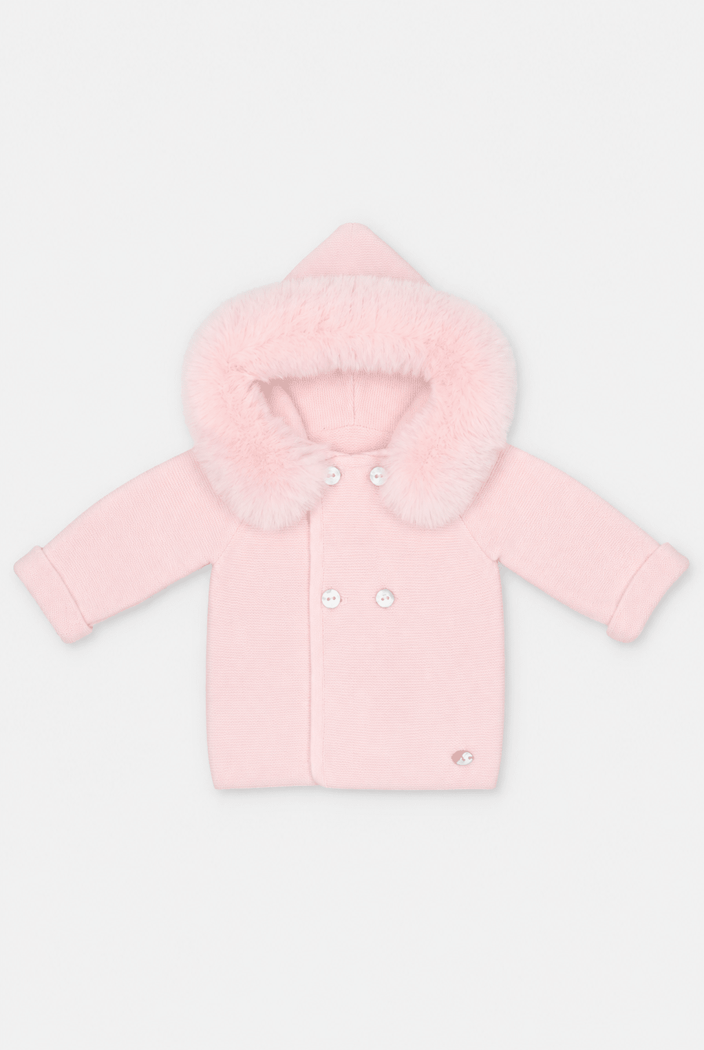 Martin Aranda baby pink knitted baby coat with faux fur hood made in Spain AW26