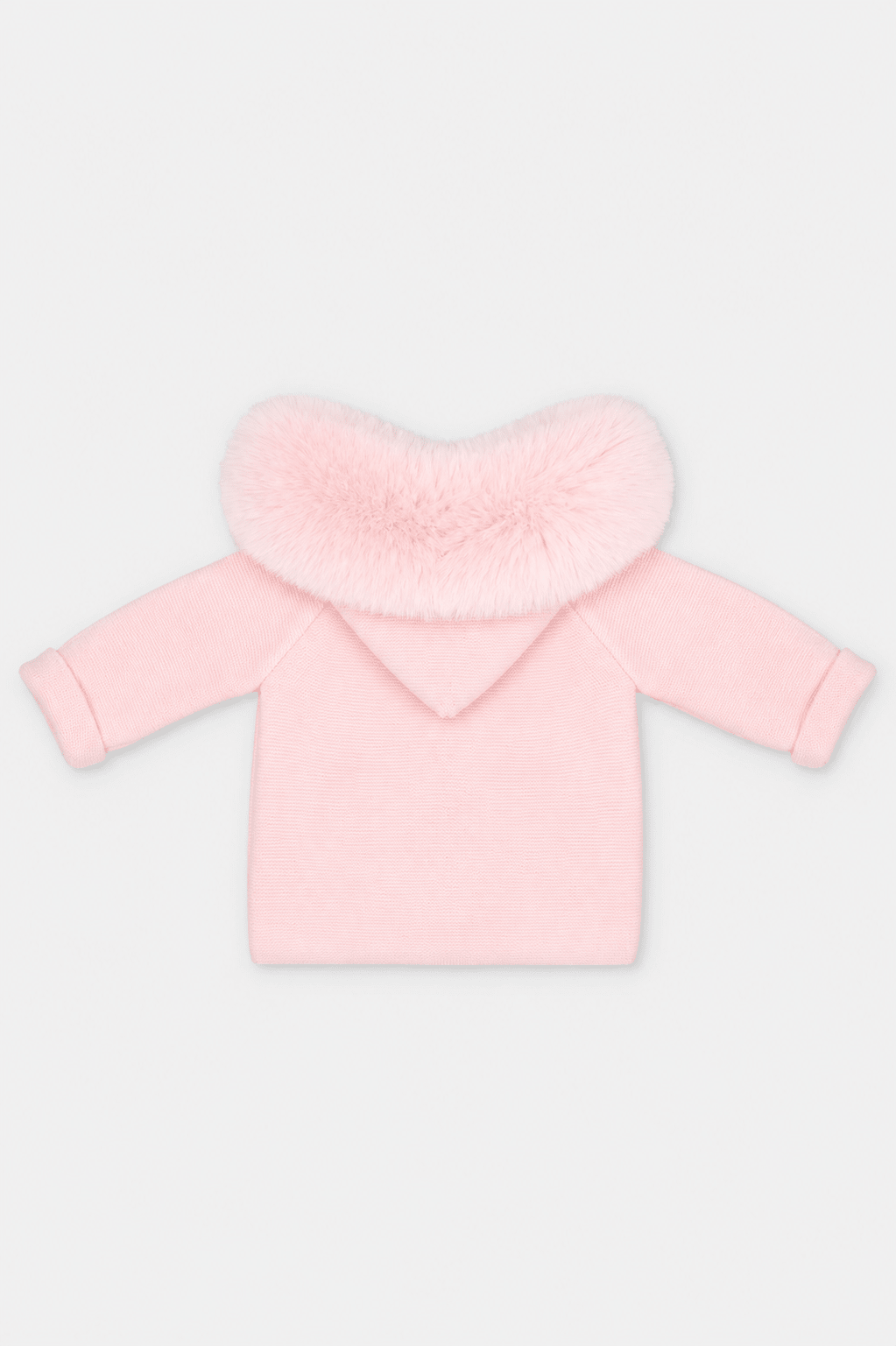 Martin Aranda baby pink knitted baby coat with faux fur hood made in Spain AW26