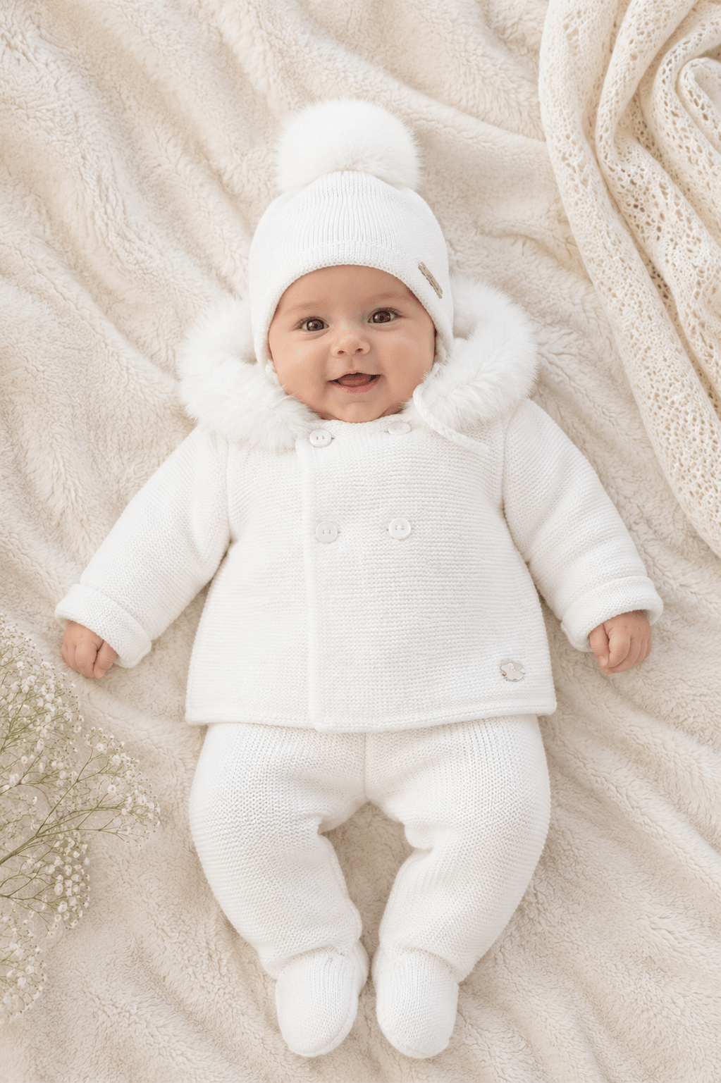 Martin Aranda white knitted baby coat with faux fur hood made in Spain AW26