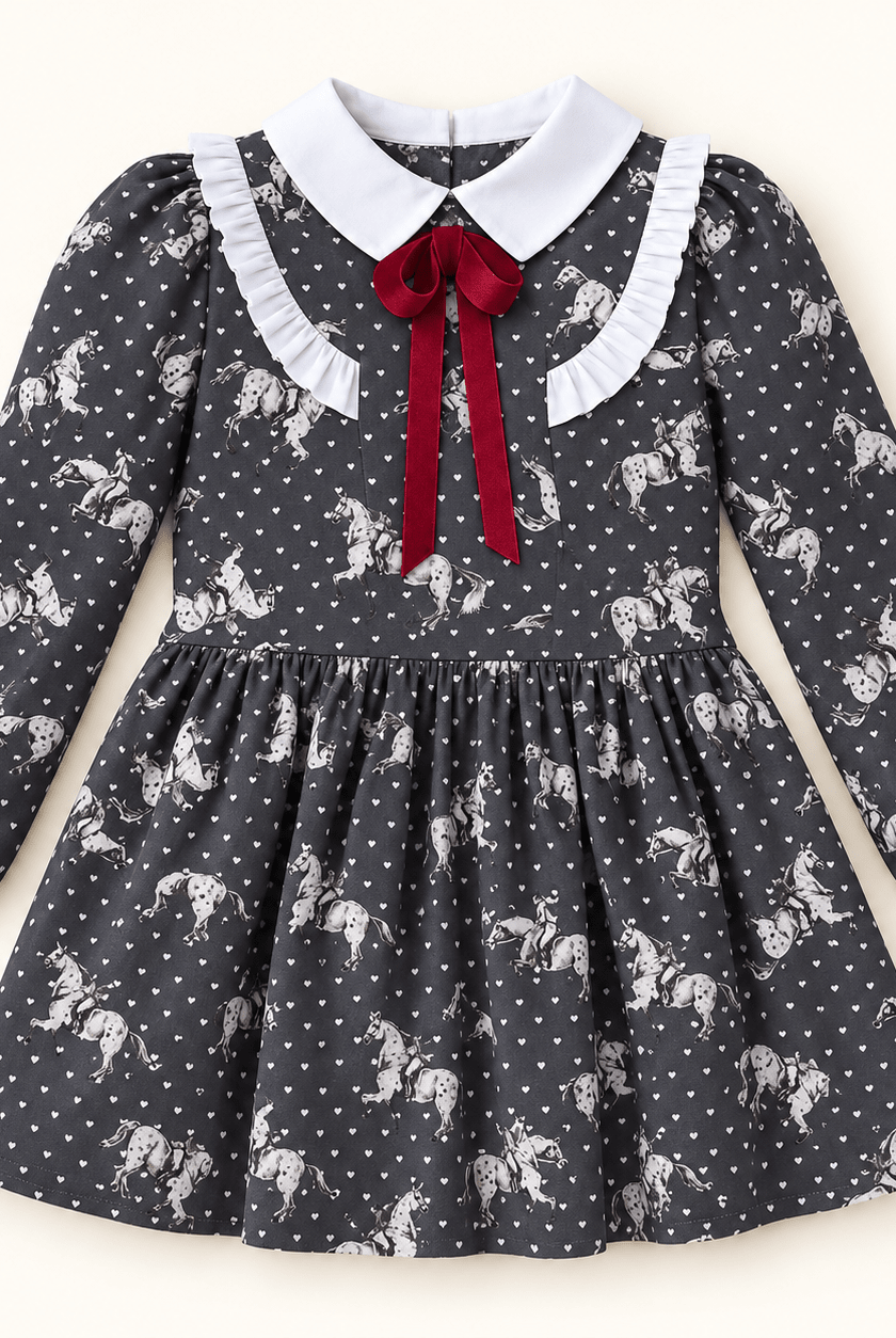 Meraki Bambini Grey Horse Print Dress with Burgundy Bow Detail