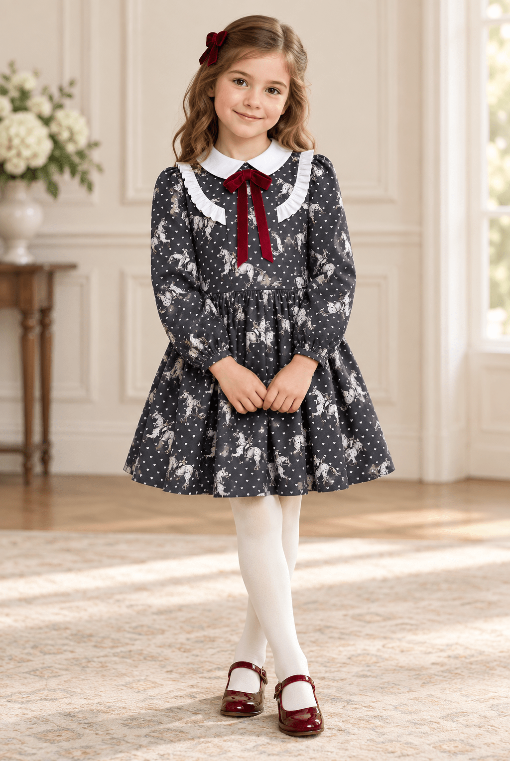 Meraki Bambini Girls Grey Horse Print Dress Age 2 | Clearance Sale