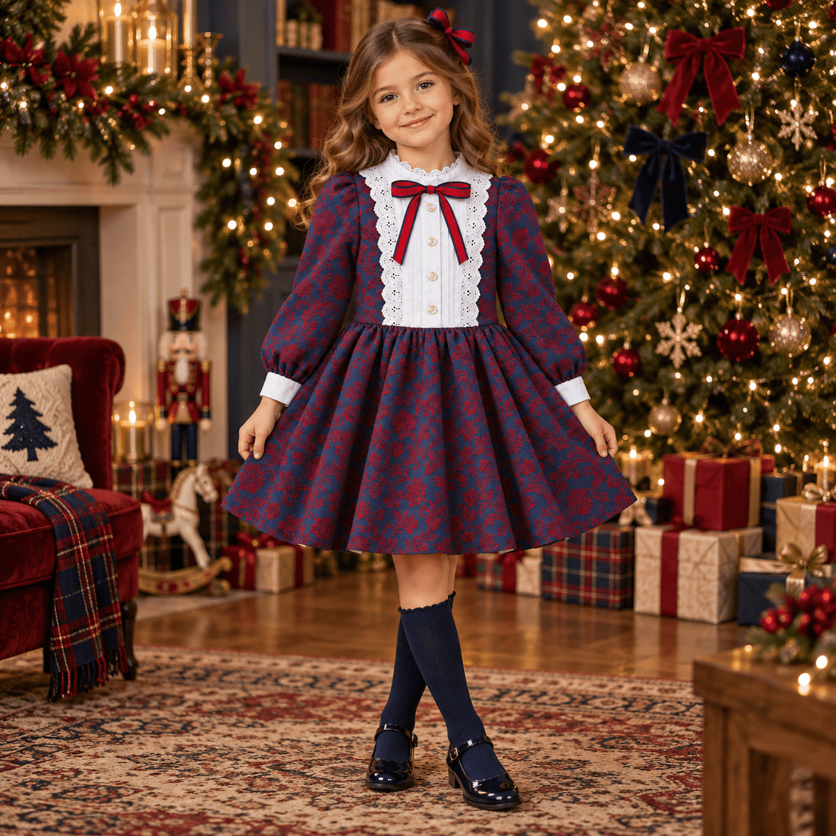 A young girl wearing Meraki Bambini Navy & Red damask dress in a christmas living room setting