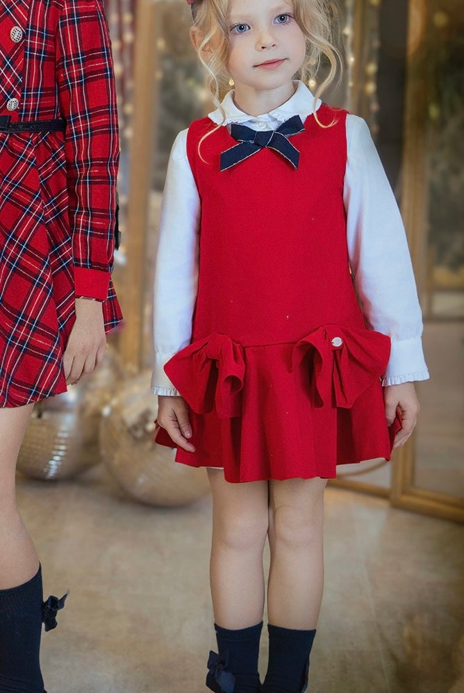 Miranda AW25 - Girl's Red Pinafore Dress with Matching Blouse