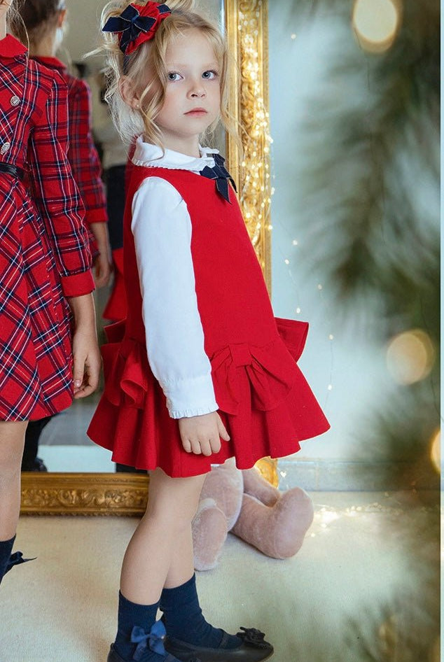 Miranda AW25 - Girl's Red Pinafore Dress with Matching Blouse