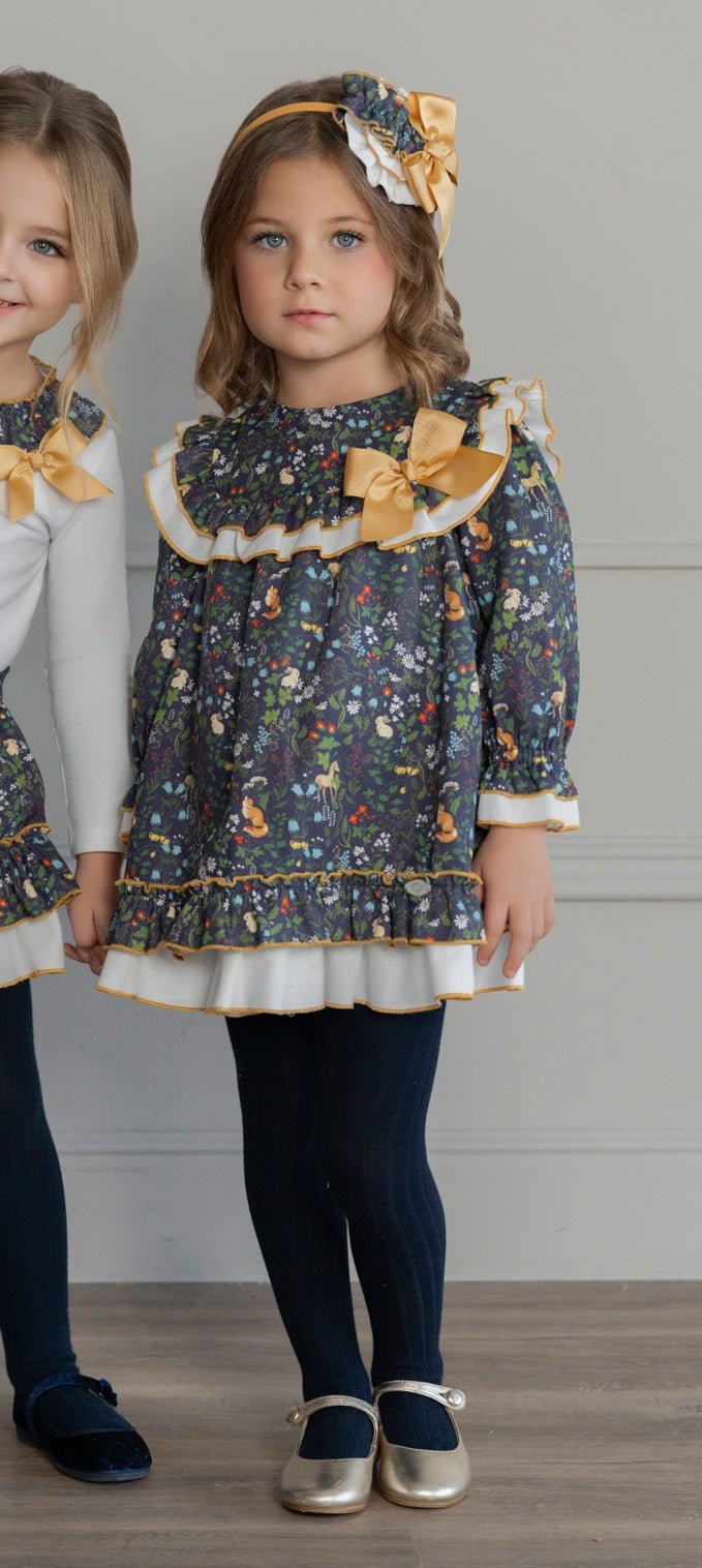 Miranda AW25- Girl's Navy & Mustard Print Dress