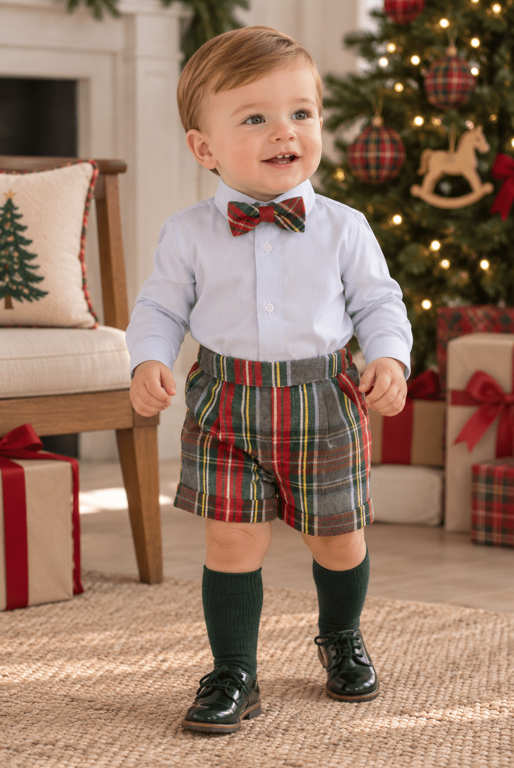 Baby boy wearing Miranda Spanish tartan print shorts, matching shirt and dickie bow in a christmas decorated living room.