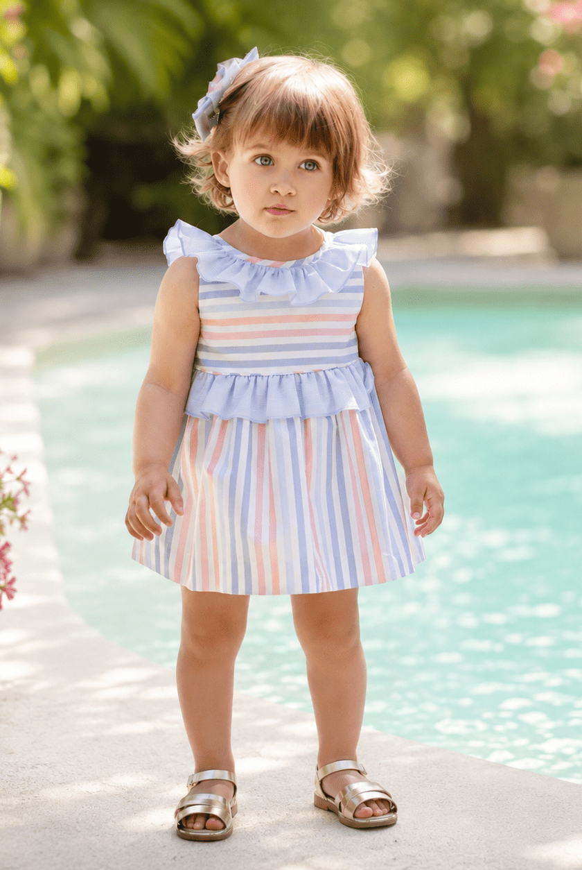 Miranda Baby Girls Blue & Multicolour Stripe Dress | Clearance Sale
