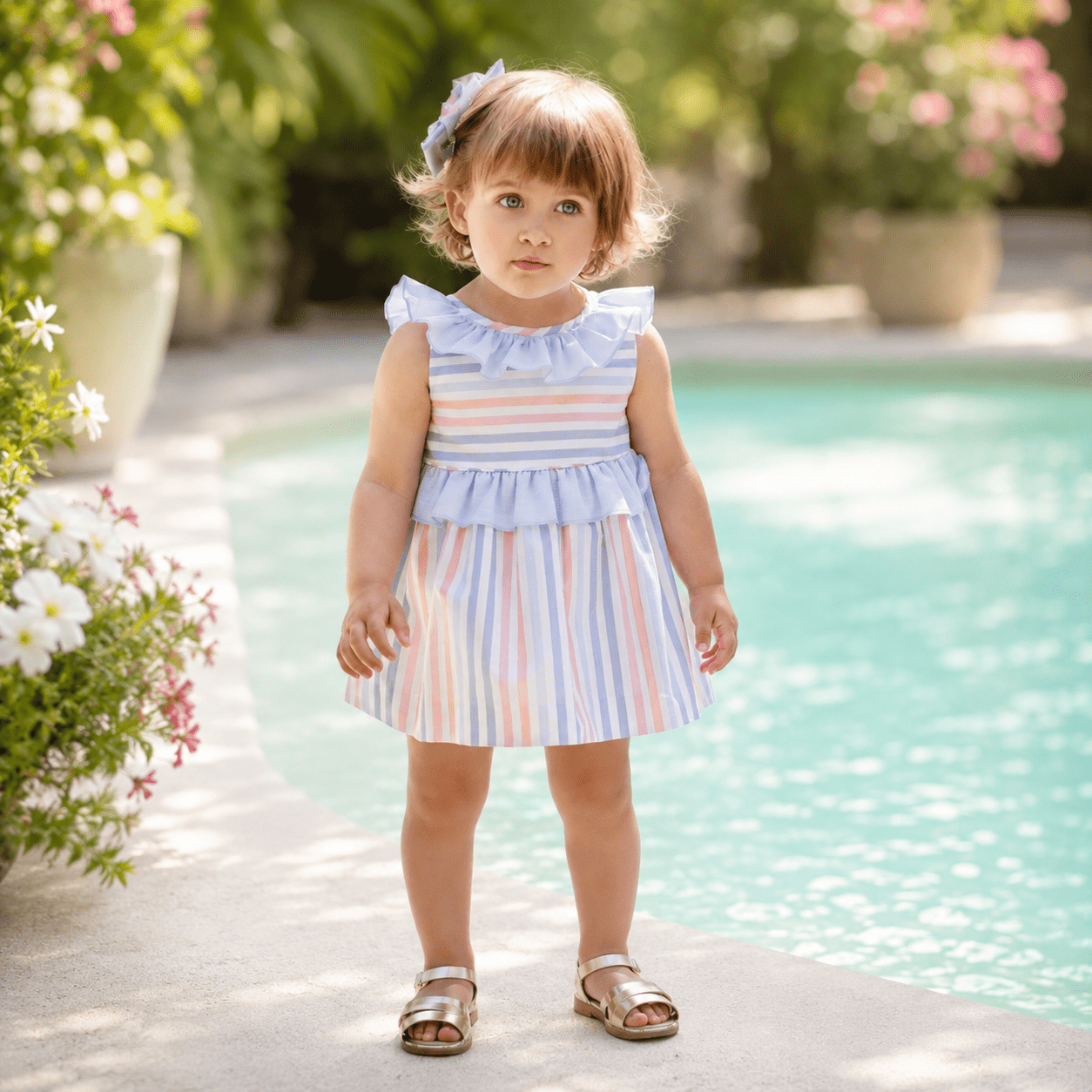 Miranda Baby Girls Blue & Multicolour Stripe Dress | Clearance Sale