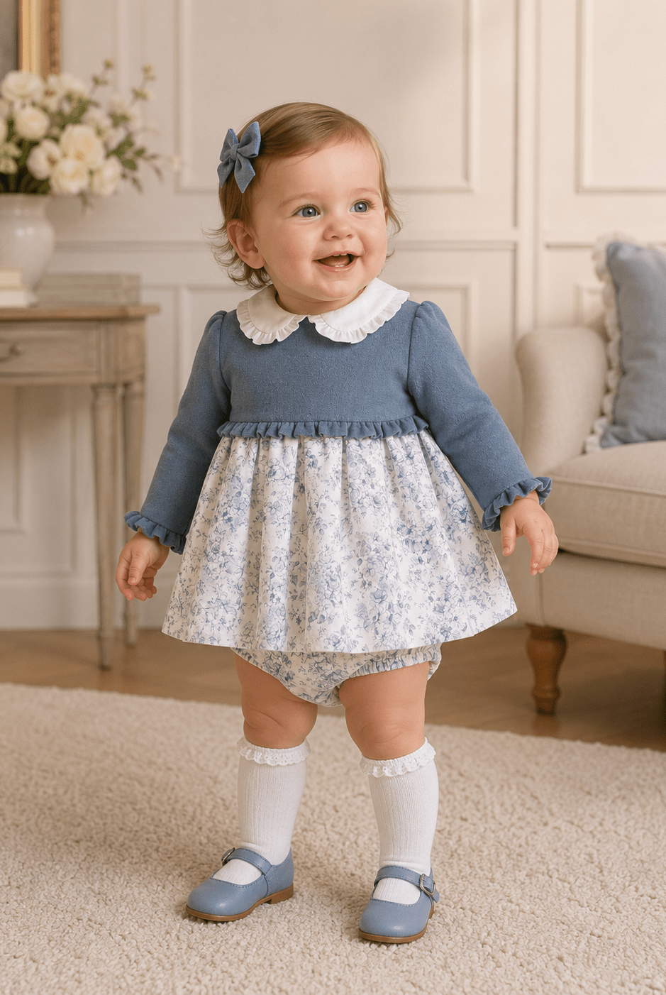 Miranda Baby Girls Dusty Blue Dress & Knickers | AW26 PRE-ORDER
