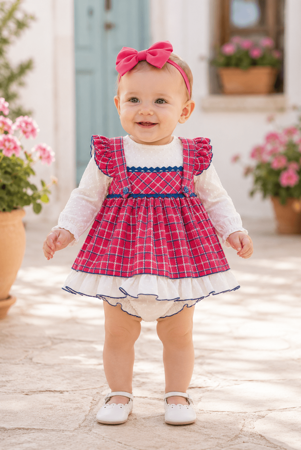 Miranda Baby Girls Fushcia Pink and White Baby Dress & Knickers