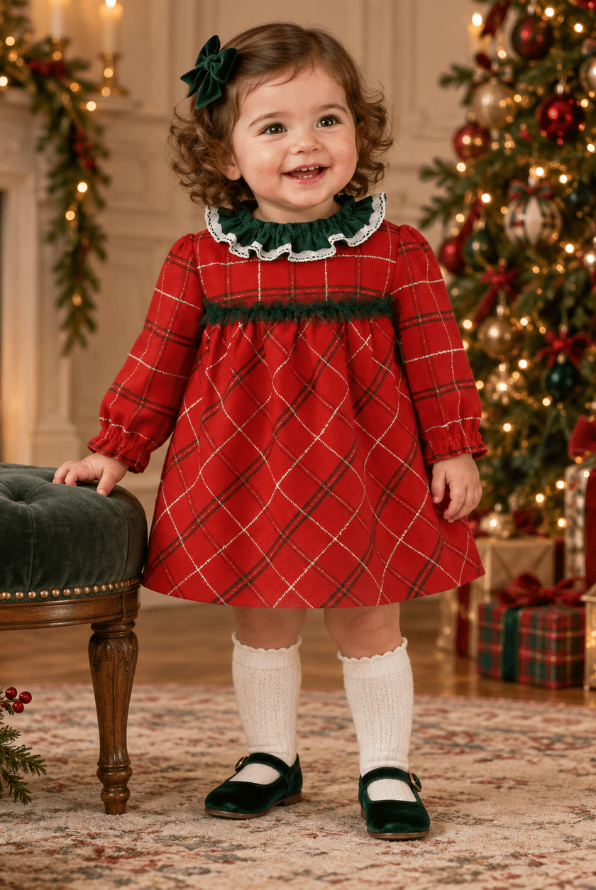Miranda Baby Girls Red & Green Check Christmas Dress 12M | Clearance Sale