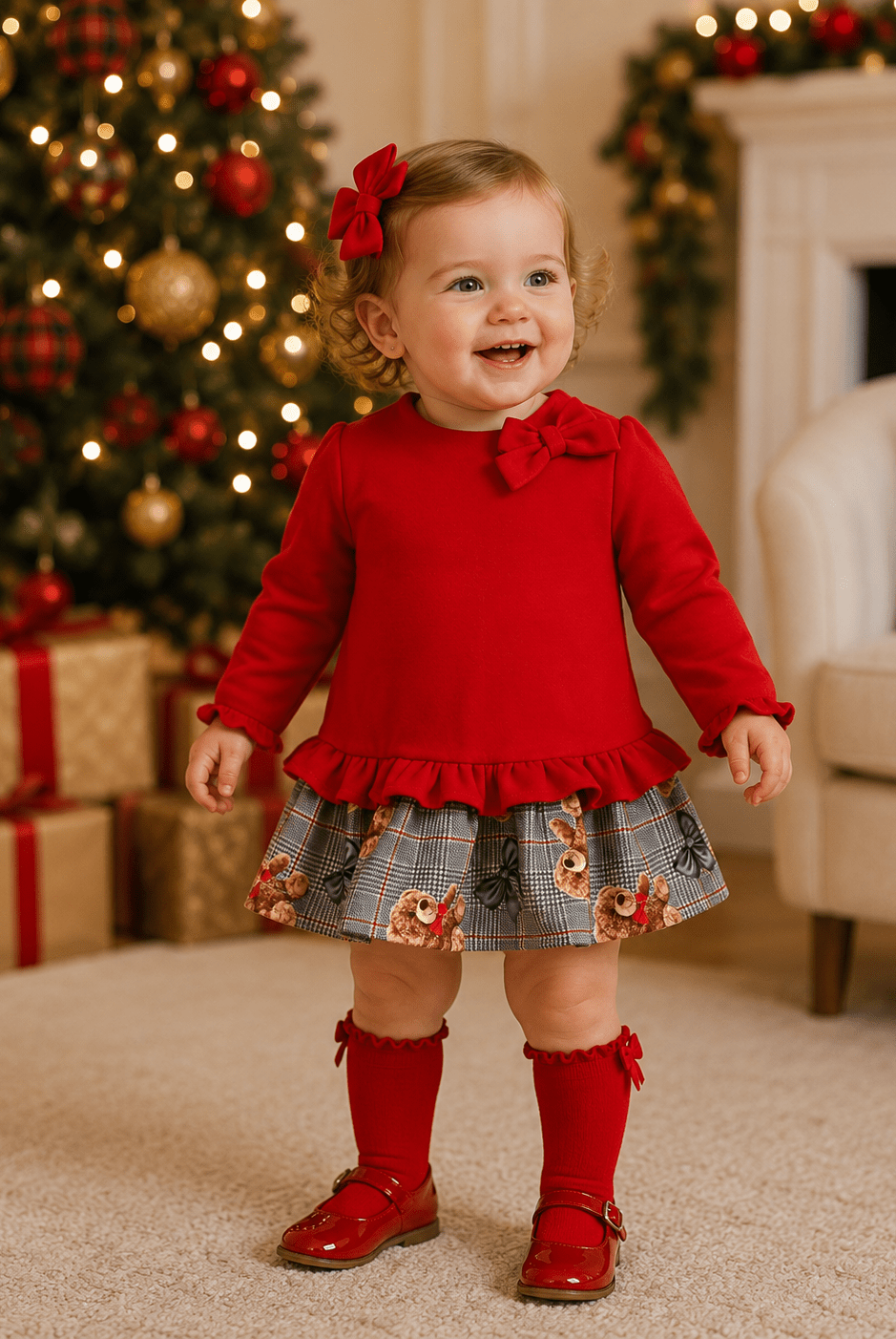 A toddler girl wearing a festive red long-sleeve top with a ruffled hem, a patterned gingham skirt with autumn motifs, red knee-high socks, and red shoes, standing in a cozy living room decorated for Christmas.