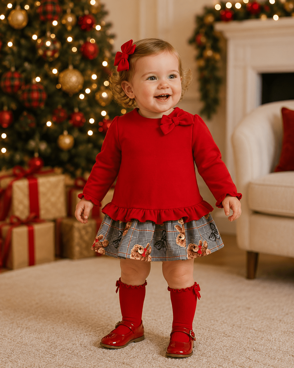 A toddler girl wearing a festive red long-sleeve top with a ruffled hem, a patterned gingham skirt with autumn motifs, red knee-high socks, and red shoes, standing in a cozy living room decorated for Christmas.