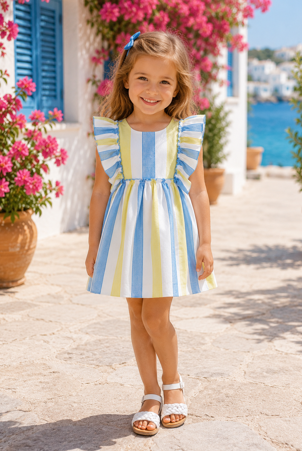 Miranda Girls Blue & Lemon Stripe Dress - SS26