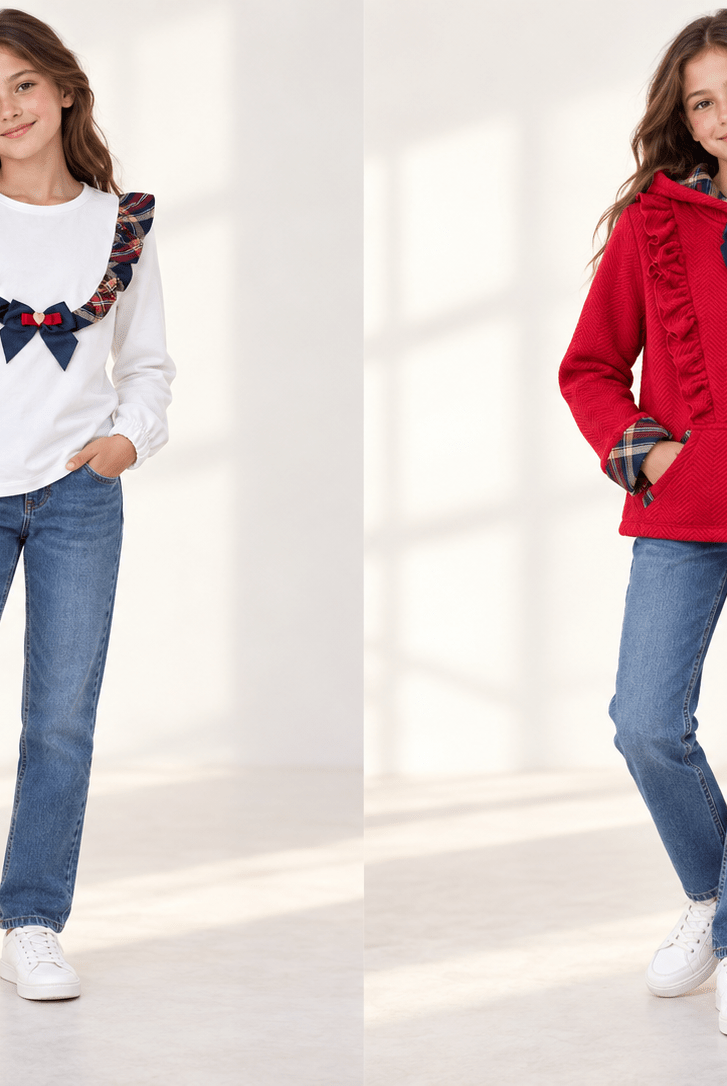 Two young girls modeling coordinated outfits in a bright indoor studio setting. The left girl wears a white long-sleeve top with a colorful plaid bow detail across the chest, blue jeans, and white sneakers.