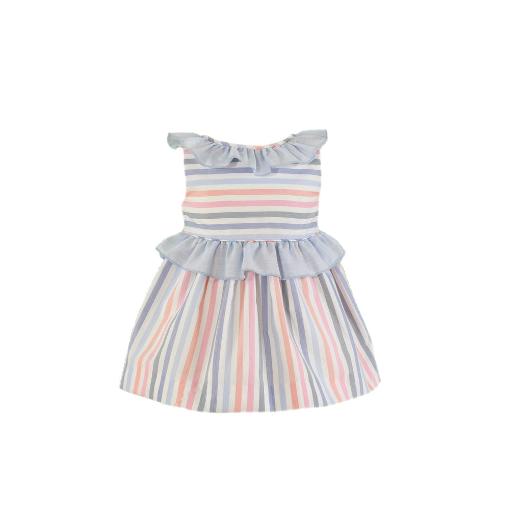 Miranda SS24 PRE-ORDER - Baby Girls Blue & Multicolour Stripe Dress 504V - Mariposa Children's Boutique