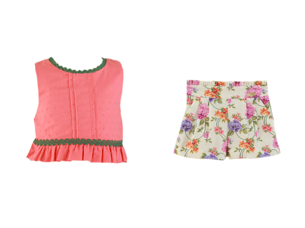 Miranda SS24 PRE-ORDER - Girls Coral Floral Print Shorts & Top Set 614-2-3 - Mariposa Children's Boutique