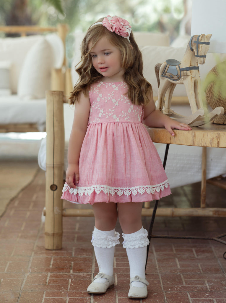 Miranda SS24 PRE-ORDER - Girls Rubi Pink & Cream Dress 247V - Mariposa Children's Boutique