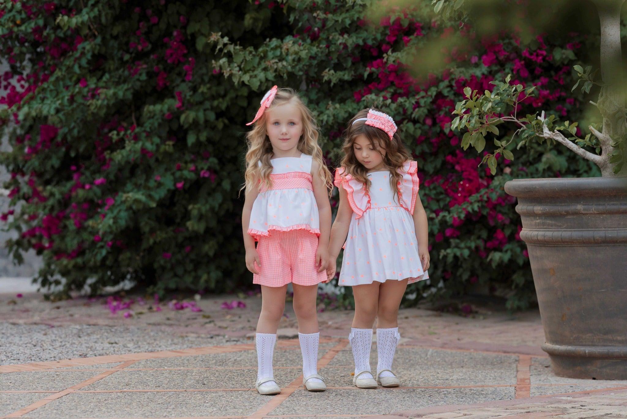 Miranda SS25 - Girl's Florescent Orange and White Summer Dress 242V - Mariposa Children's Boutique