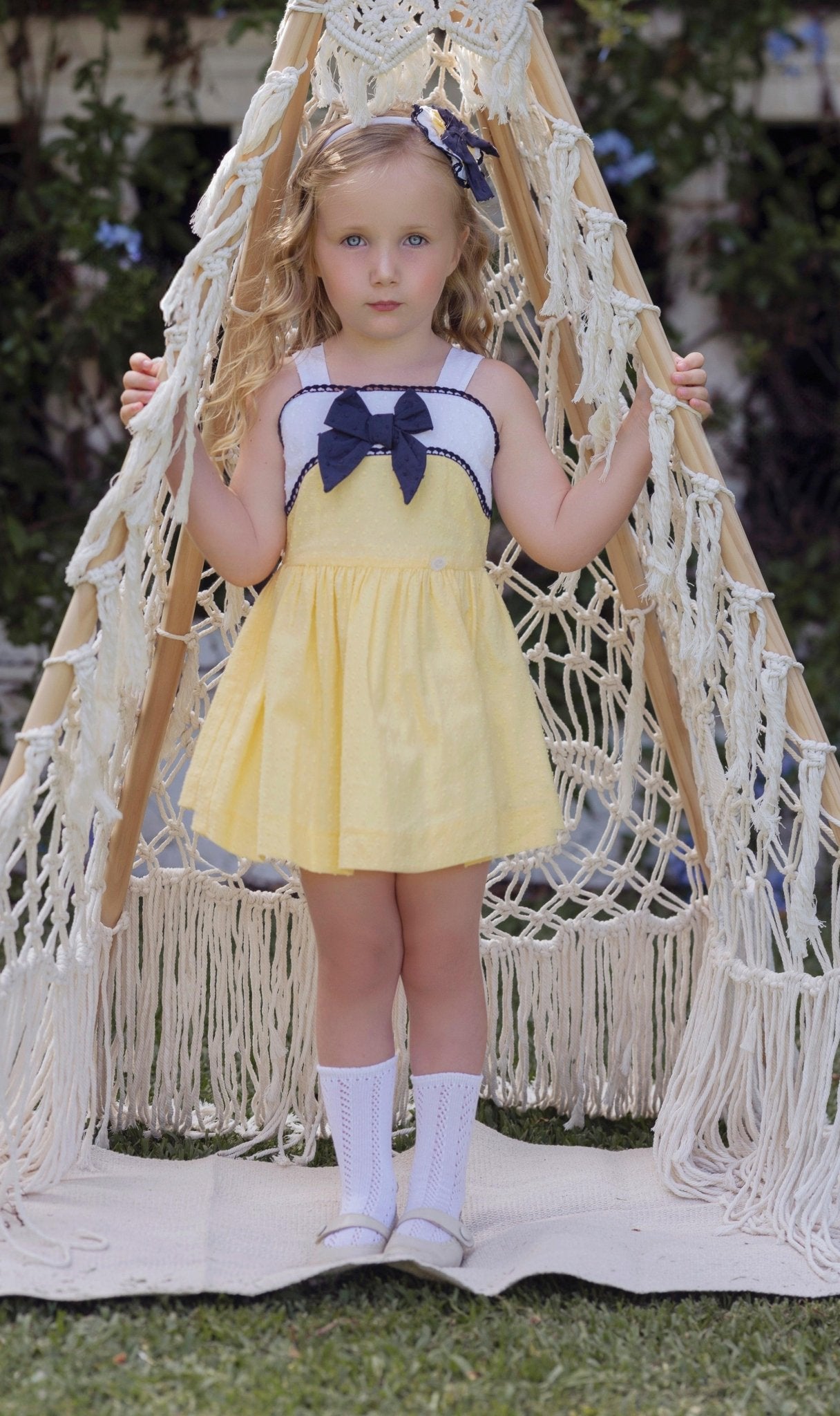 Miranda SS25 - Girl's Yellow, White and Navy Dress 241V - Mariposa Children's Boutique