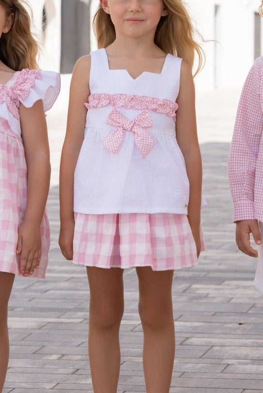 Miranda SS26 PRE - ORDER - Girls White & Baby Pink Skirt and Top Set