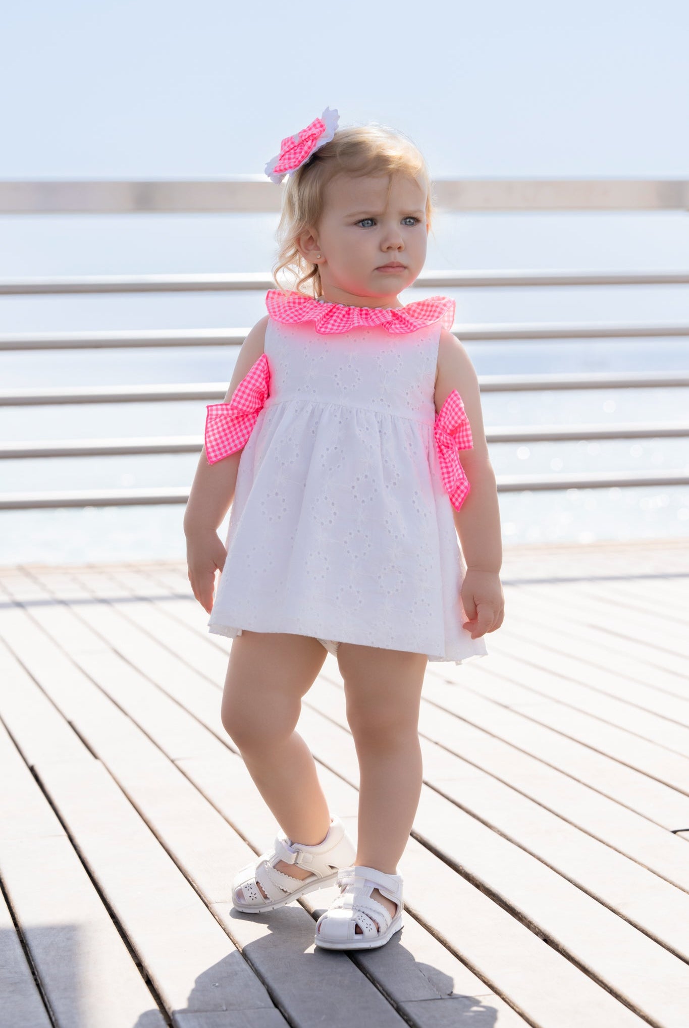 Miranda SS26 PRE - ORDER - Girls White & Neon Pink Dress