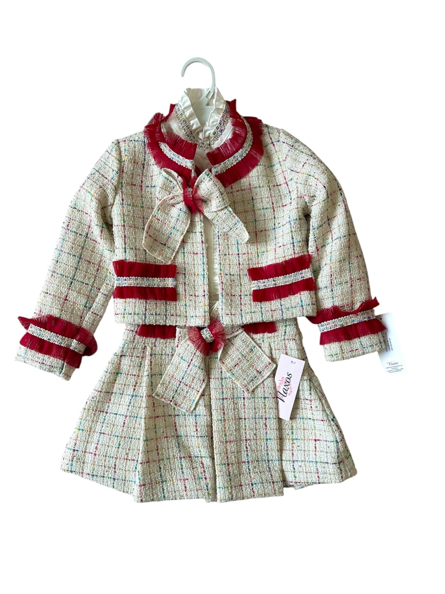 Naxos AW25 - Girls Multicolour Tweed Skirt, Blouse & Jacket Set with Red Tulle