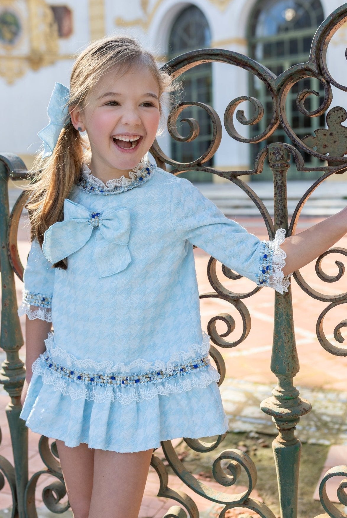 Naxos Baby Blue Dogtooth Girls Dress | AW26 PRE-ORDER