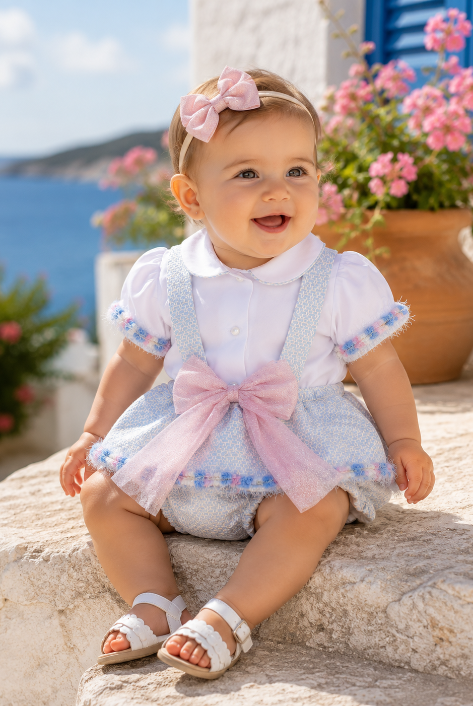 A baby girl wearing a white short-sleeve collared dress with light blue tulle overskirt and a large pink bow, sitting on a stone ledge with a blue sea and flowers in the background.
