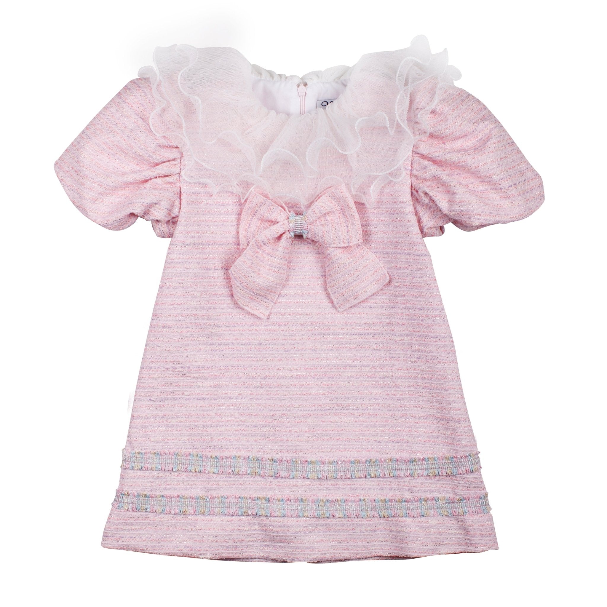 Naxos girls pink tweed Spanish dress with organza ruffle collar