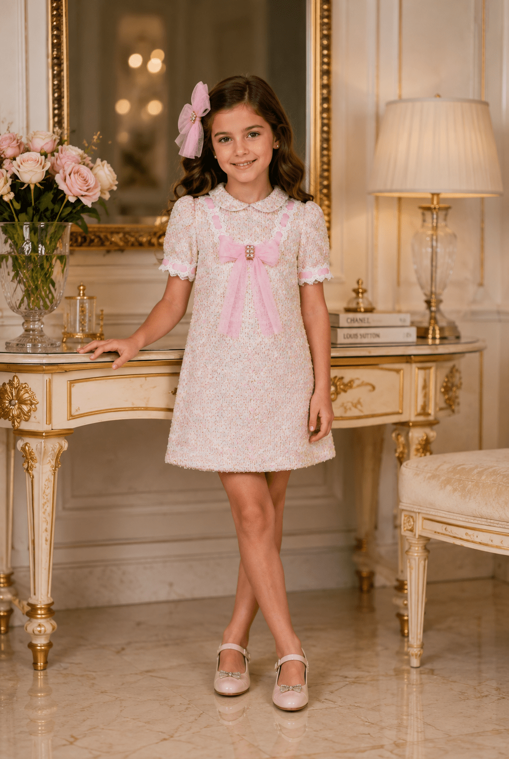 Young girl wearing Naxos AW26 pink tweed and tulle dress with tulle hairbow in a luxury setting.