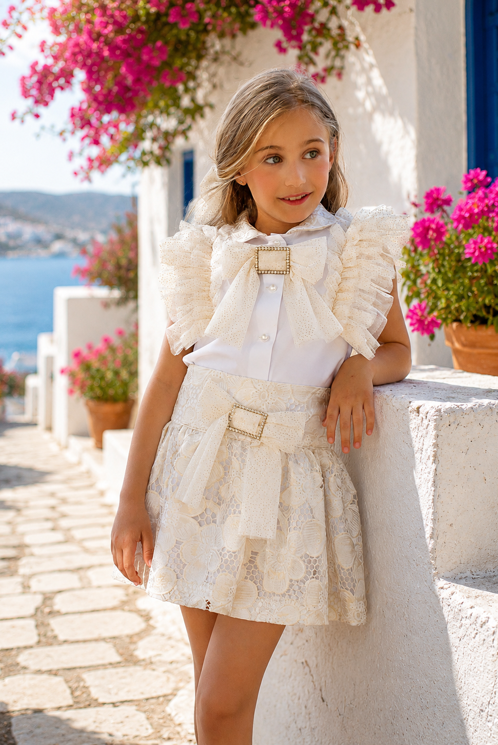 Naxos Girls White and Gold Embroidered Skirt and Blouse Set | SS26