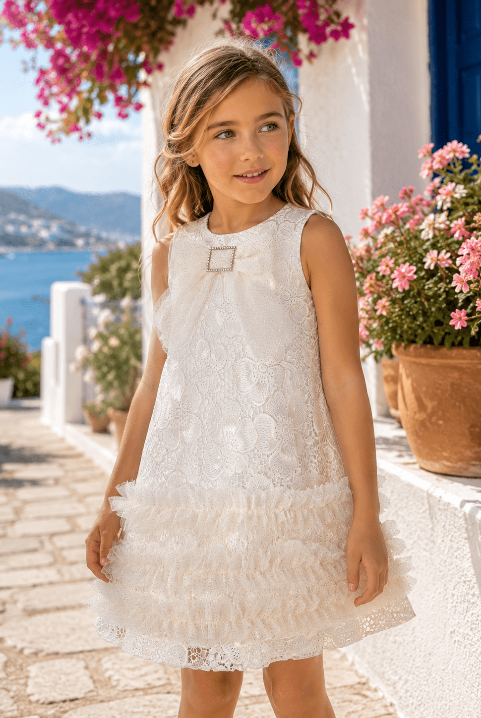 Naxos Girls White & Gold Embroidered Dress | SS26