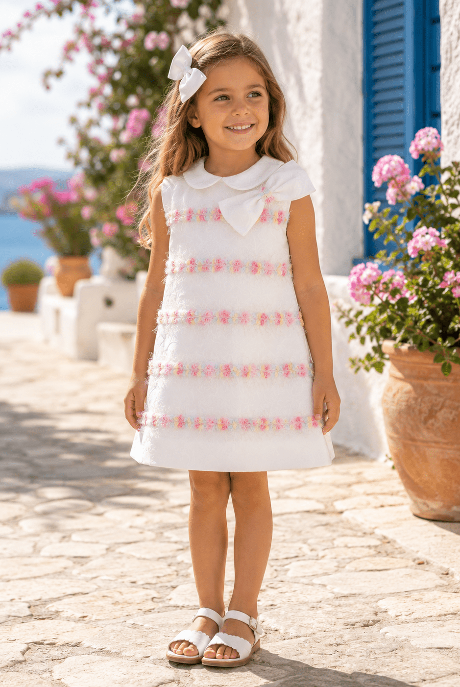 A young girl stands outdoors on a stone path wearing a sleeveless white dress with a large white Peter Pan collar, a white bow at the neckline, and rows of small pink and yellow embroidered floral details. She is wearing white sandals and a white bow in her hair, with a Mediterranean-style background featuring white walls, blue shutters, and potted pink flowers.
