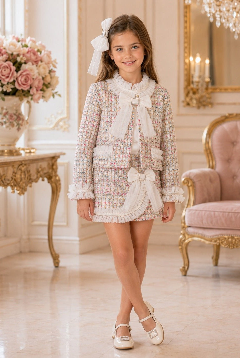 A young girl wearing a Naxos AW26 3pc Skorts Set in a multicolour tweed with tulle bow details.