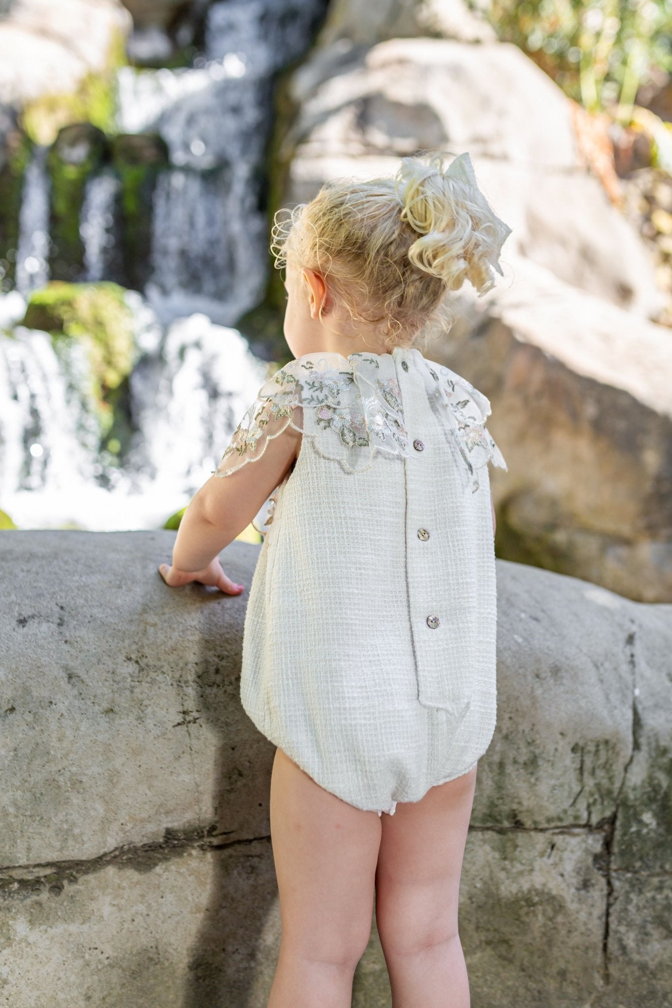 Naxos SS25 - Baby Girl's Cream Chanel Tweed Romper - Mariposa Children's Boutique