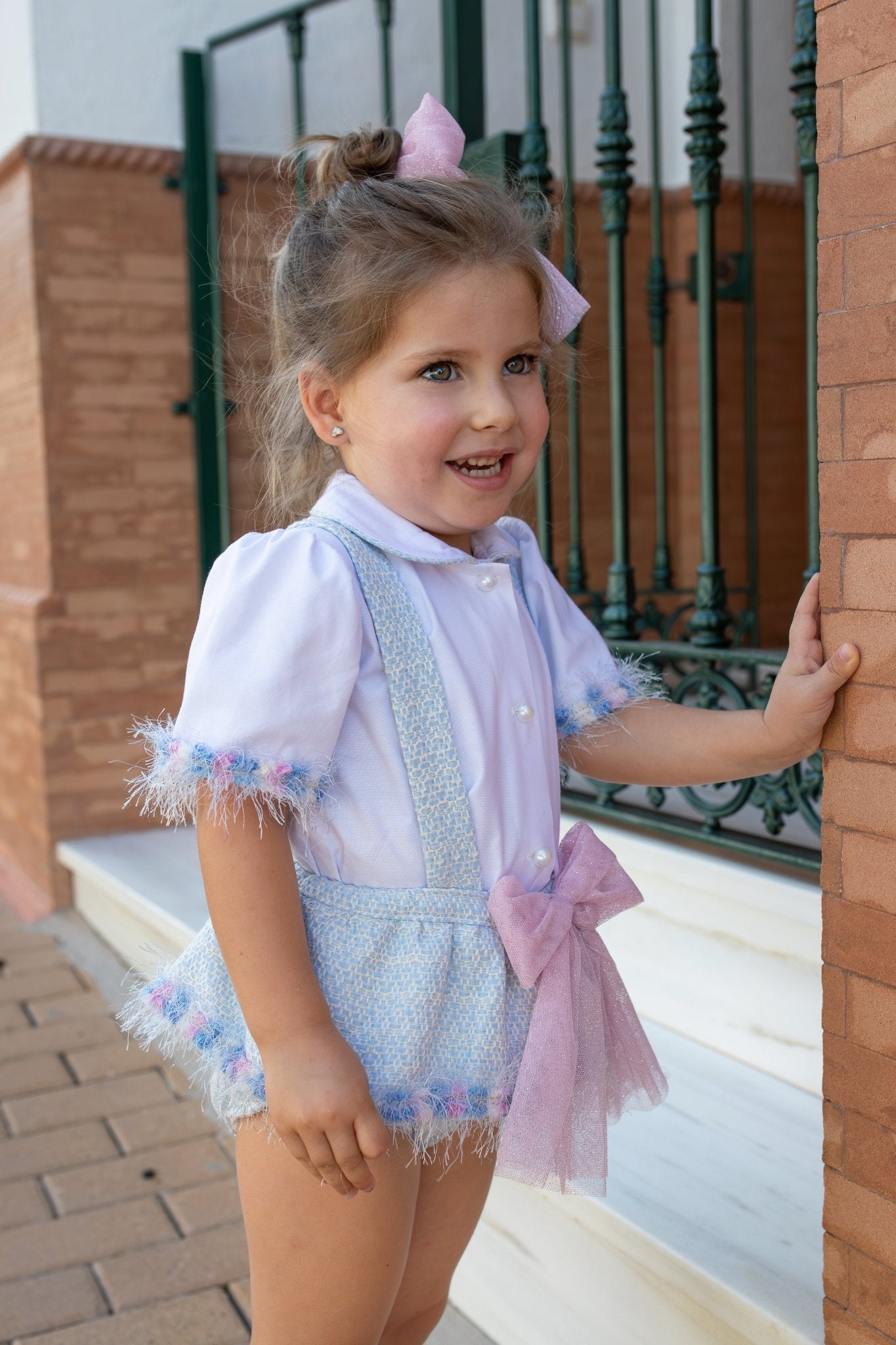 Spanish baby girls outfit Naxos blue tweed suspender shorts and white blouse