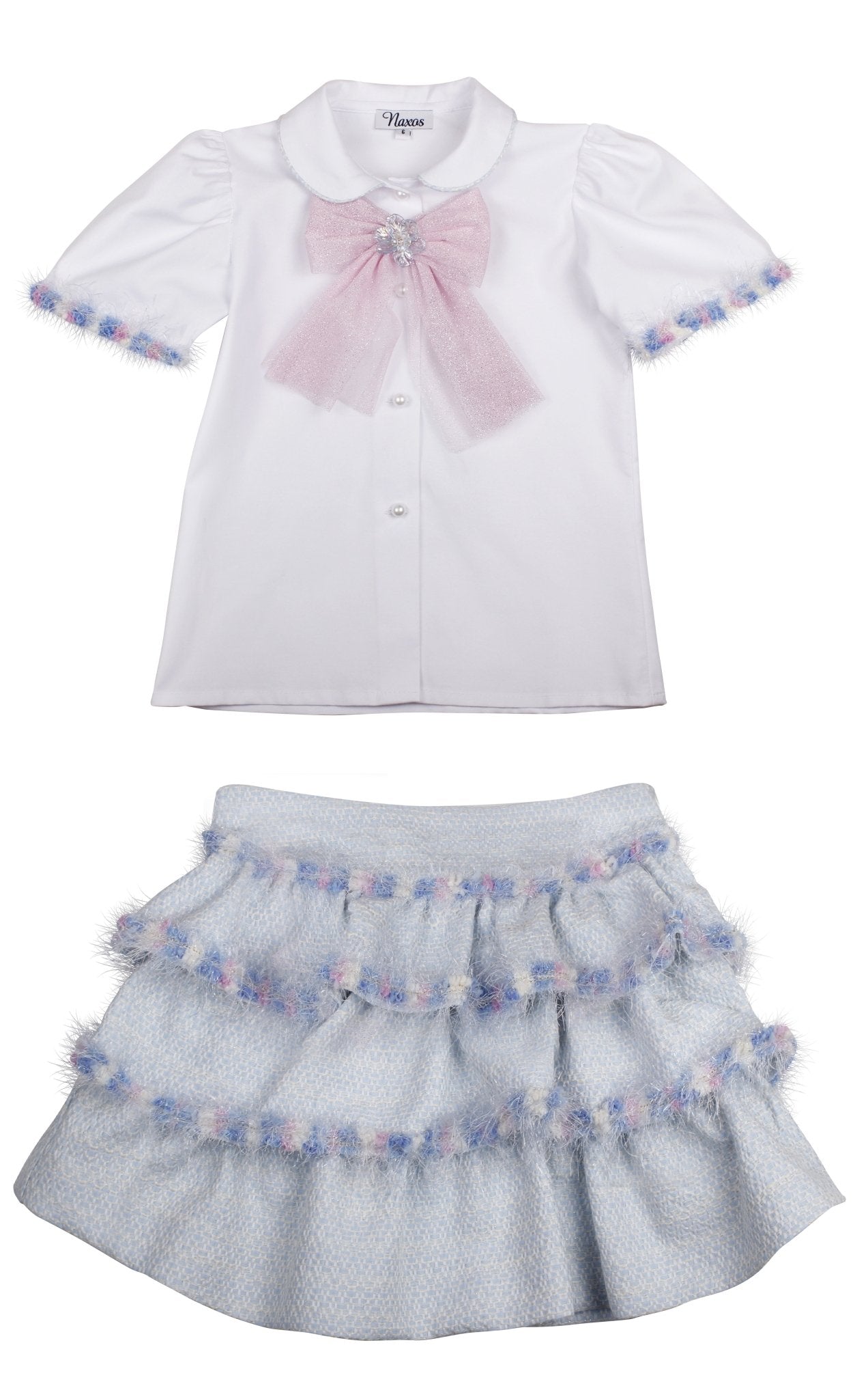 Naxos girls skirt and blouse set SS26 blue tiered skirt and white blouse outfit
