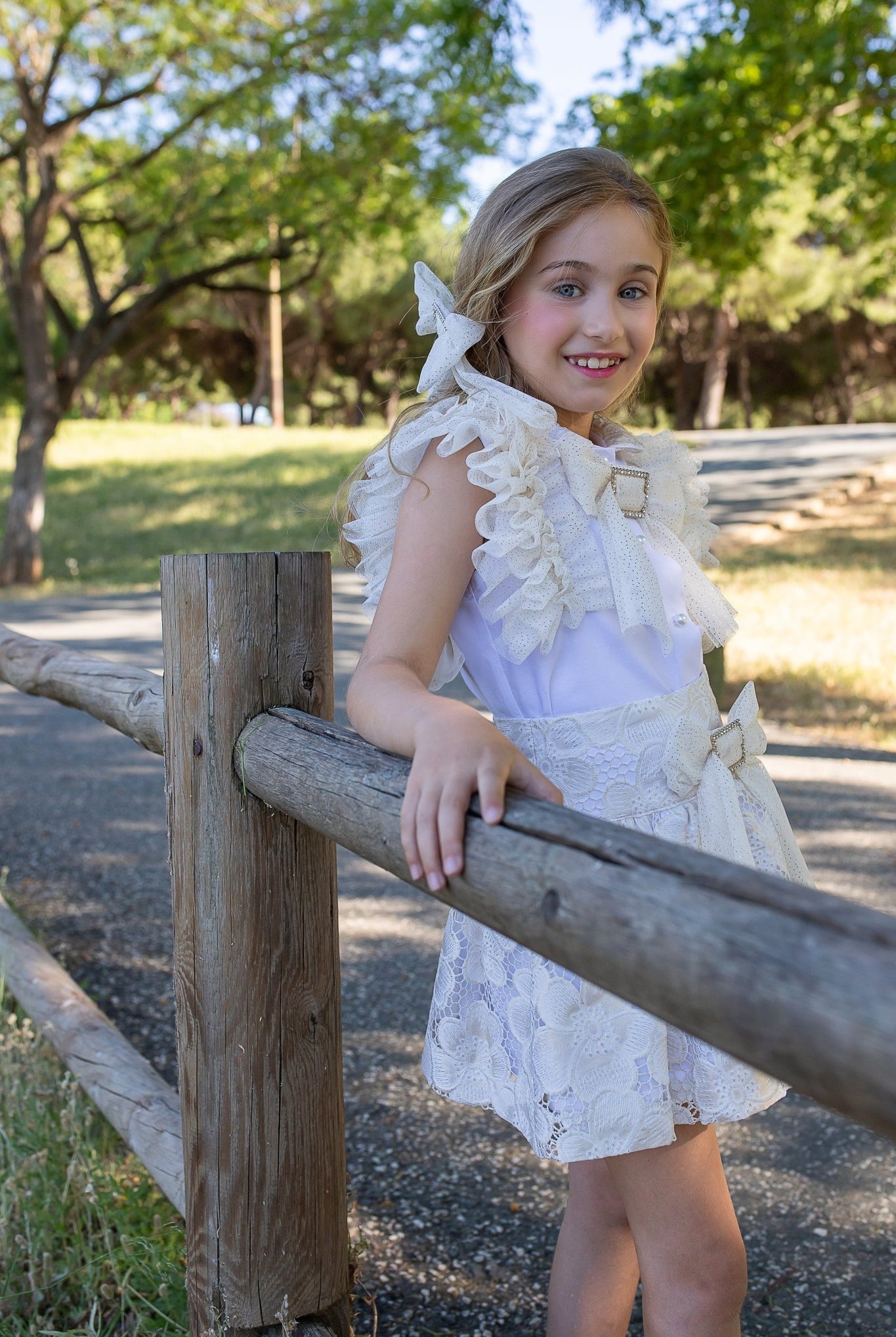 Naxos SS26 - Girls White and Gold Embroidered Skirt and Blouse Set