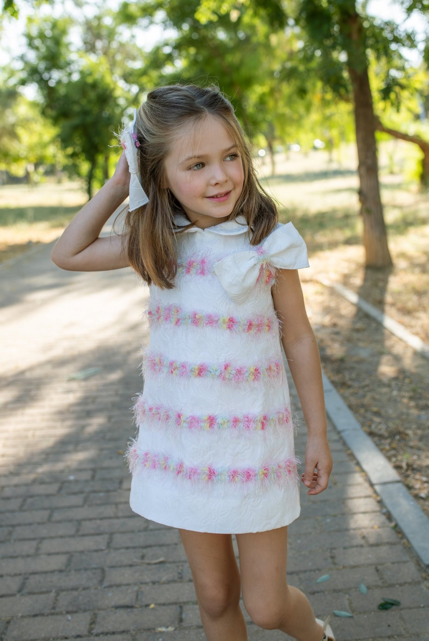 Naxos SS26 - Girls White Jacquard and Multicolour Dress