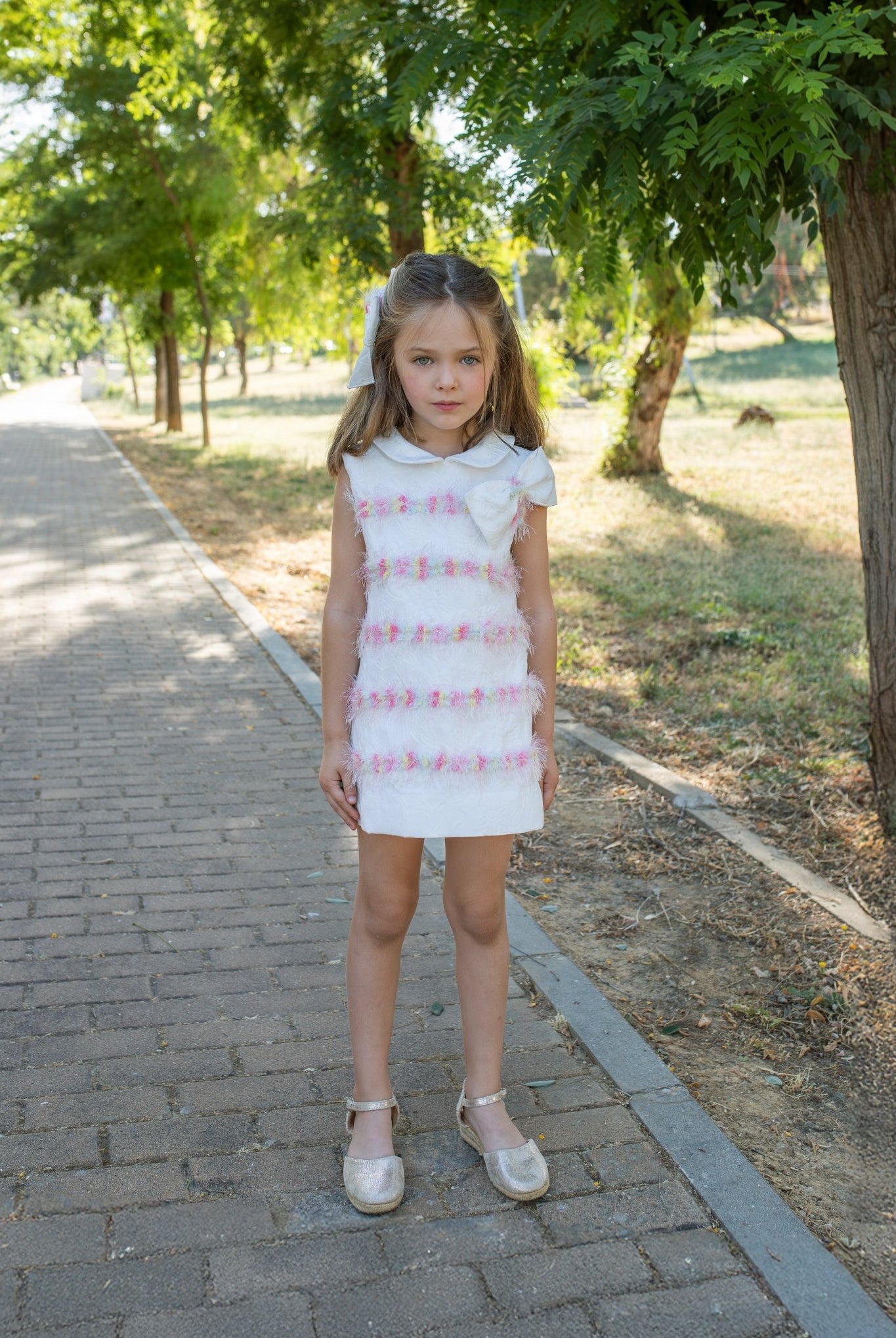 Naxos SS26 - Girls White Jacquard and Multicolour Dress