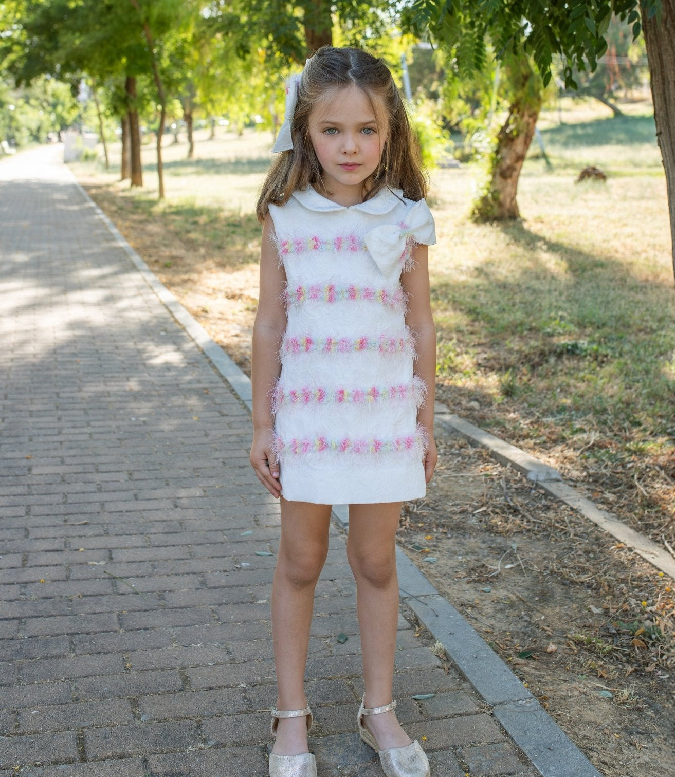 Naxos SS26 - Girls White Jacquard and Multicolour Dress
