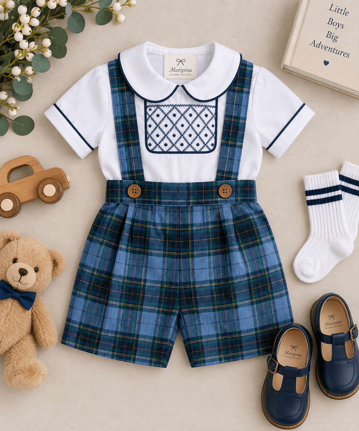 Pomme Cannelle Boys Green & Blue Tartan Smocked Set | AW26 PRE-ORDER