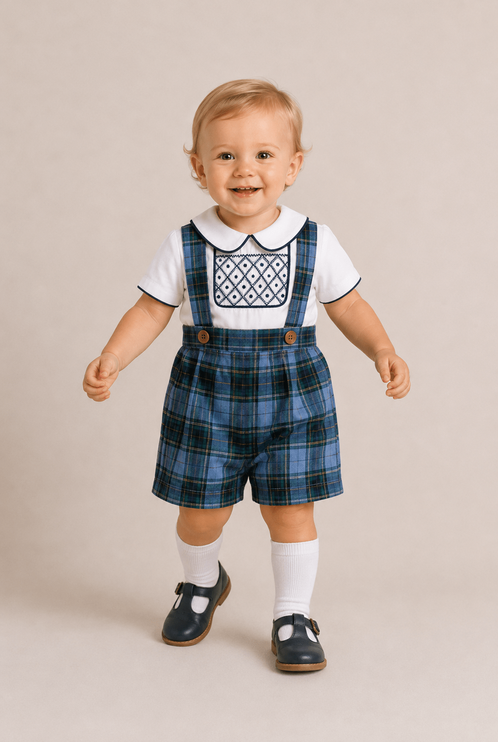 Pomme Cannelle Boys Green & Blue Tartan Smocked Set | AW26 PRE-ORDER