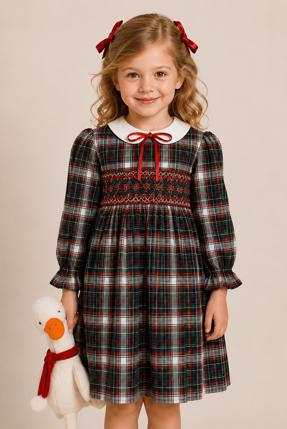 Pomme Cannelle Girls Red & Green Tartan Smocked Christmas Dress | AW26