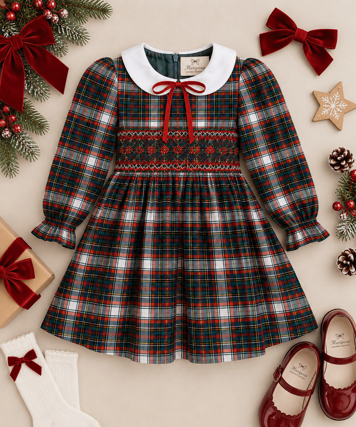 Pomme Cannelle Girls Red & Green Tartan Smocked Christmas Dress | AW26